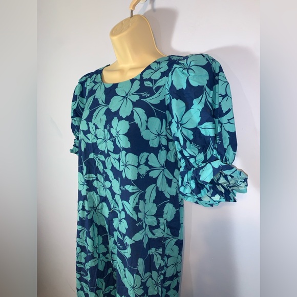 Handmade hibiscus Floral Blue Dress short puff sleeve mermaid square neckline S - Picture 4 of 7